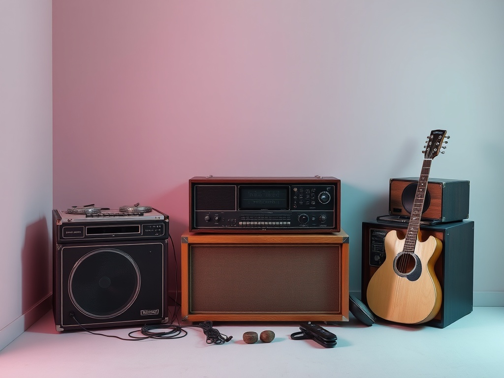 Старые музыкальные инструменты и техника: магнитофон, радиоприемник и гитара на фоне розовой стены.