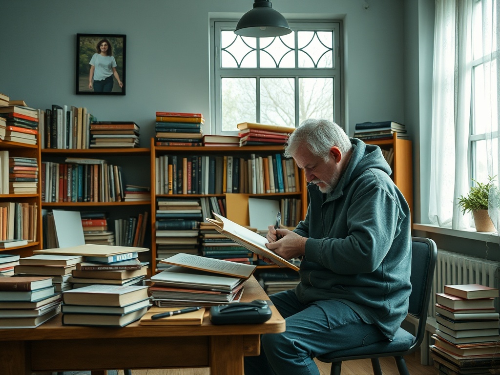 Пожилой мужчина записывает заметки за столом, окруженный книгами в уютной комнате с окном.
