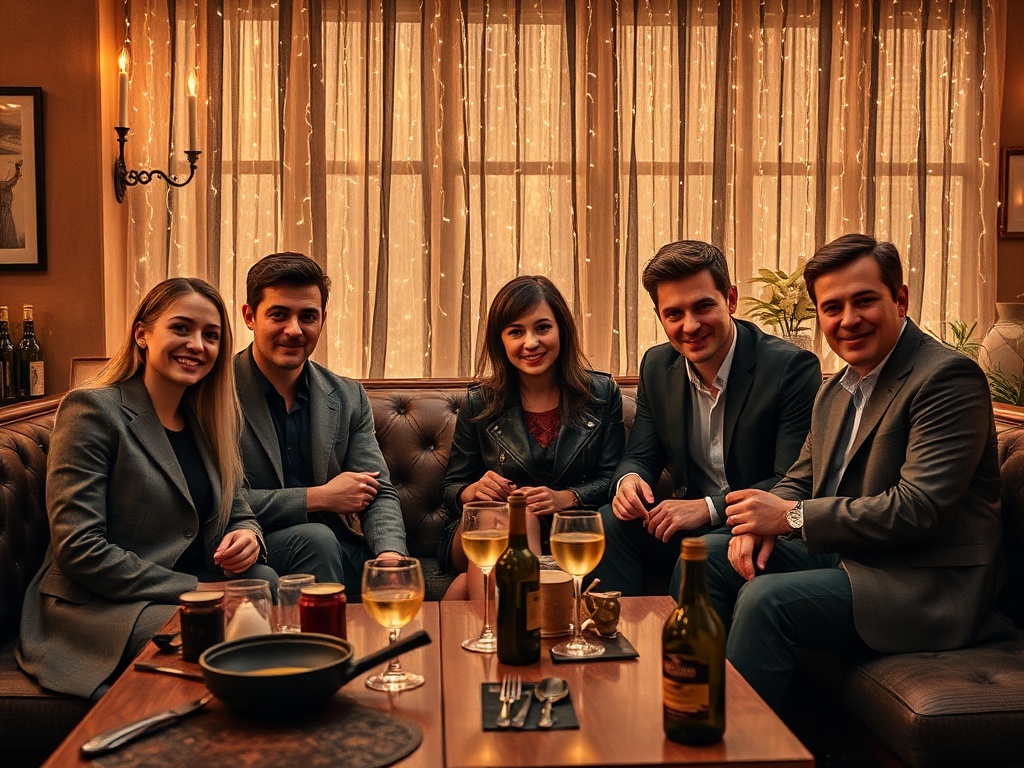 На уютной вечеринке пятеро друзей наслаждаются временем вместе, сидя за столом с напитками.