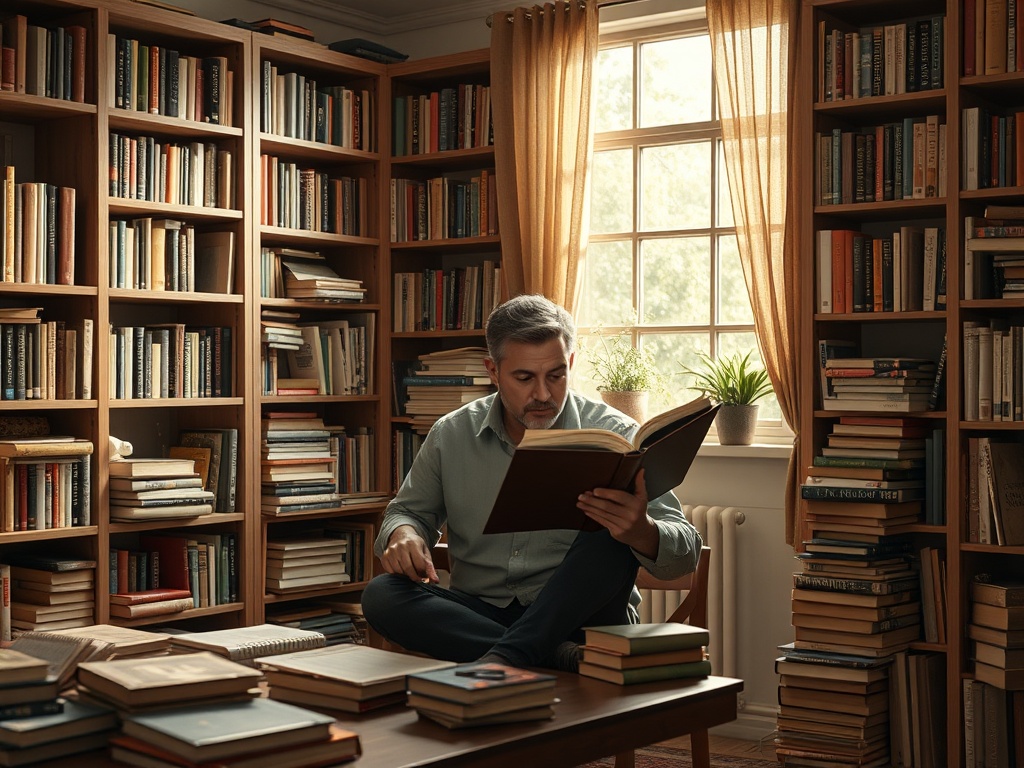Мужчина читает книгу, сидя на полу в библиотеке, окружённой полками с книгами. Свет проходит через окно.