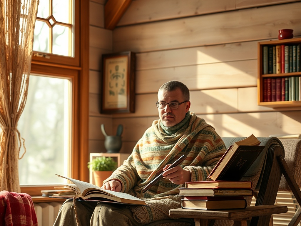 Человек в уютном интерьере читает книгу, окружённый полками с книгами и солнечным светом.