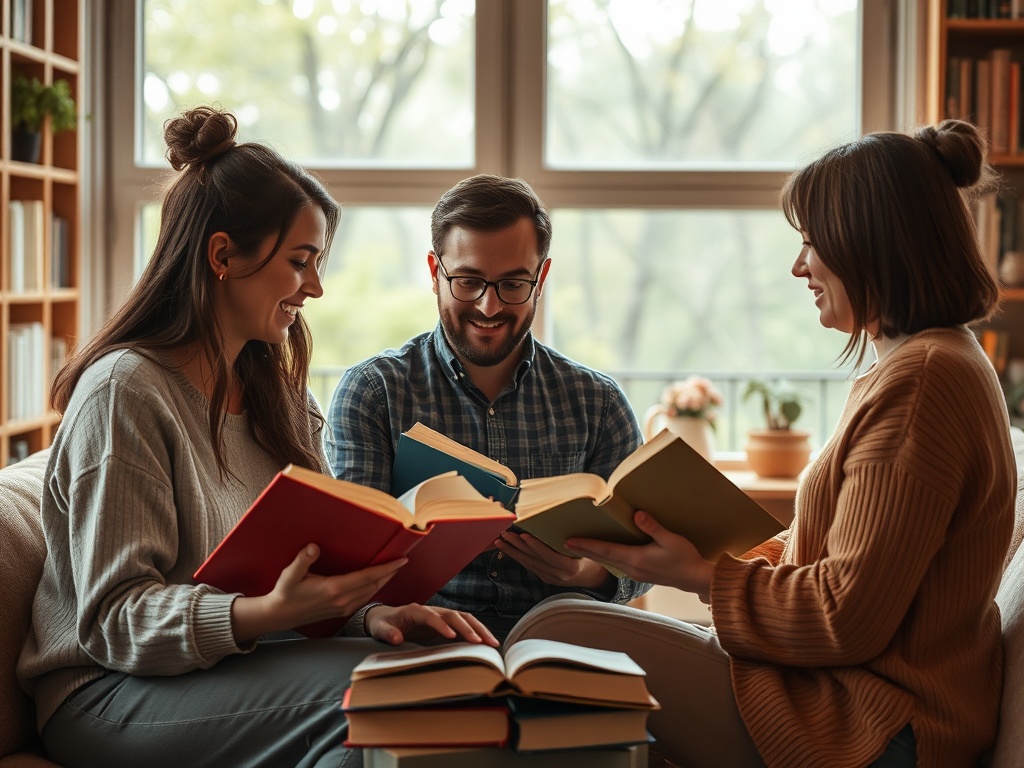 Трое друзей собираются вместе и читают книги в уютной обстановке с большими окнами.
