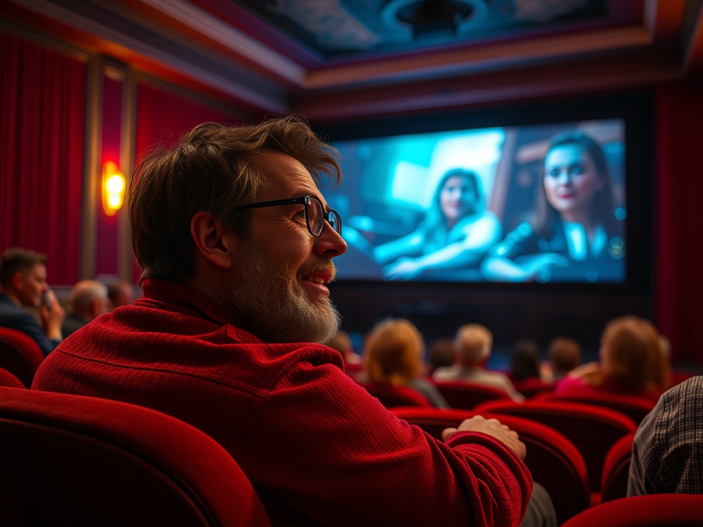Посетитель в кинотеатре смотрит фильм на большом экране, улыбаясь и наслаждаясь моментом.