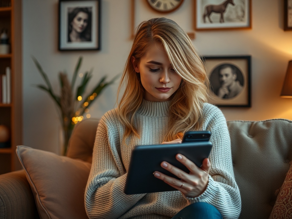 Молодая женщина в свитере сидит на диване и использует планшет в уютной обстановке.