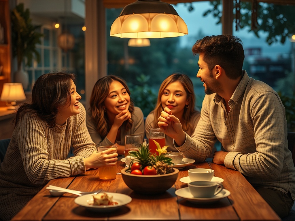 Четыре человека сидят за столом, обсуждая что-то и смеясь. На столе блюда и напитки. Теплая атмосфера вечера.