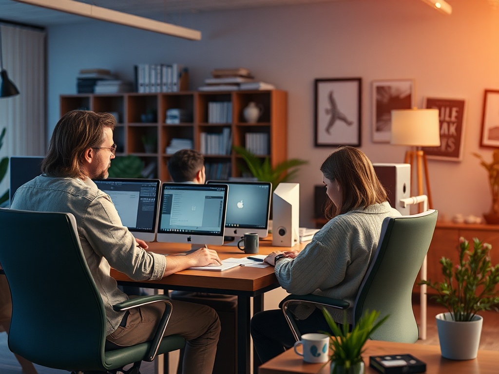 Трое людей работают за компьютерами в современном офисе, окруженные растениями и книгами.