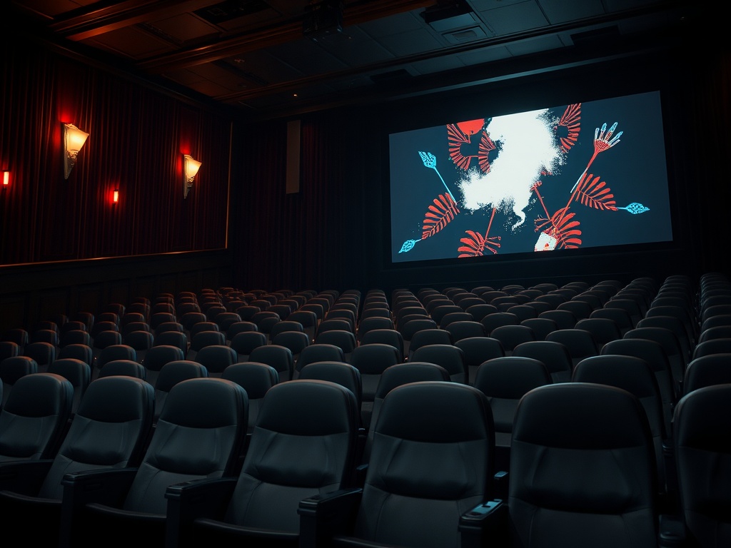 Зал кинотеатра с пустыми креслами и экраном, на котором показан художественный арт.