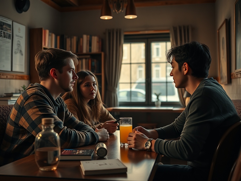 Трое молодых людей сидят за столом в кафе, общаются и пьют напитки. Атмосфера спокойная и уютная.