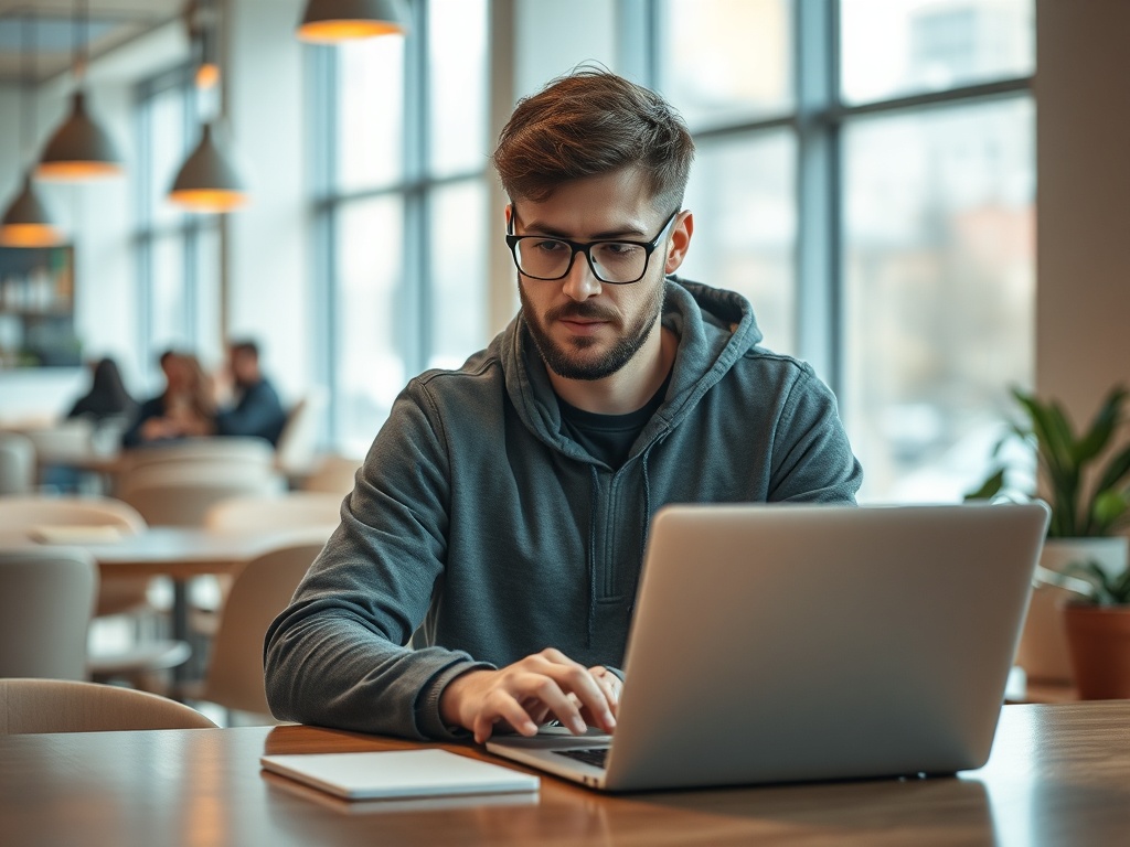 Молодой человек в кофейне работает за ноутбуком, сосредоточенно смотрит на экран. Вокруг другие посетители.