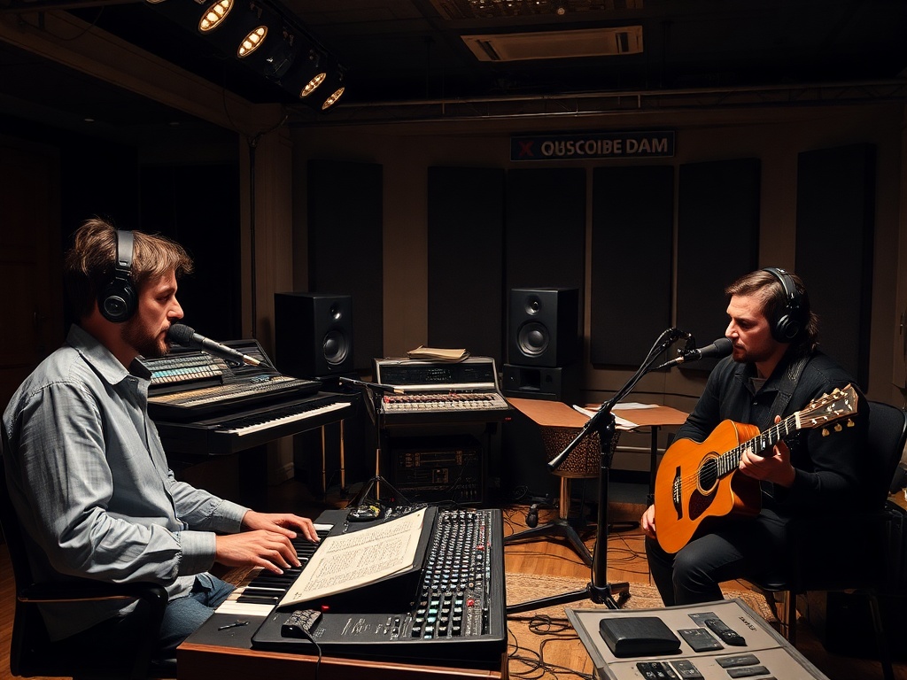 Два музыканта в студии работают над записыванием музыки, один на рояле, другой с гитарой.