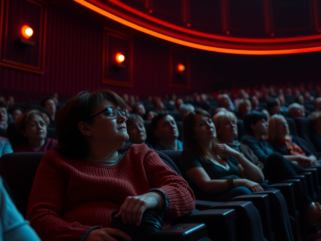 Сцена в кинотеатре: зрители внимательно смотрят на экран, атмосфера напряженного ожидания.