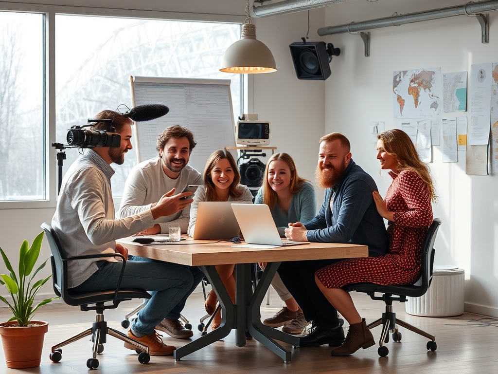 Группа молодых людей обсуждает идеи за столом в офисе, рядом камера и техника для записи.