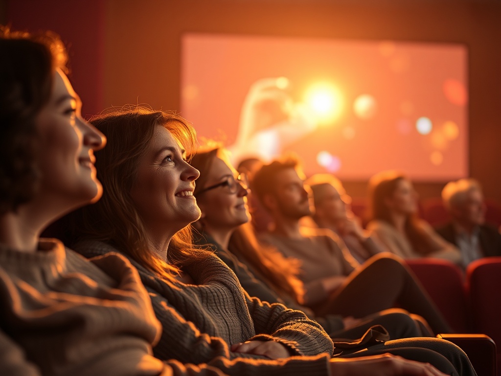 Группа людей в кинотеатре смотрит фильм, освещенные теплым светом экрана. Каждому интересно и весело.