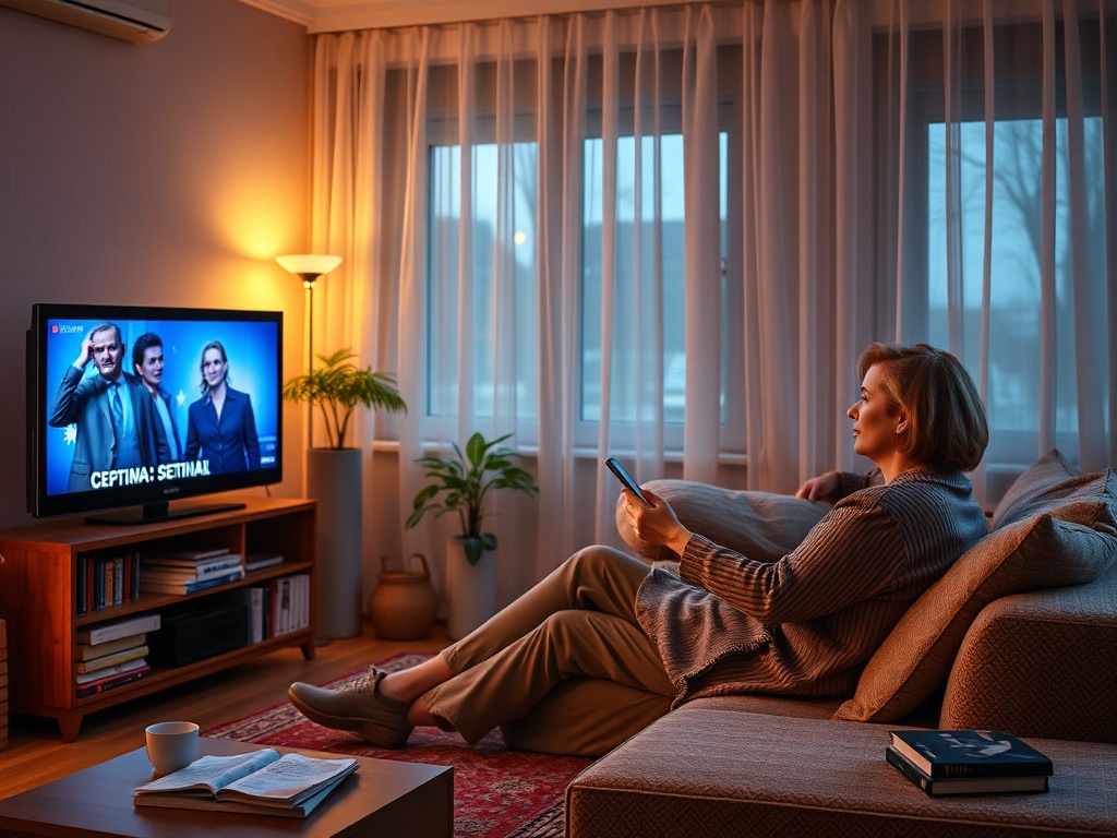 Женщина смотрит телевизор в уютной комнате, держа пульт, освещённой мягким светом.