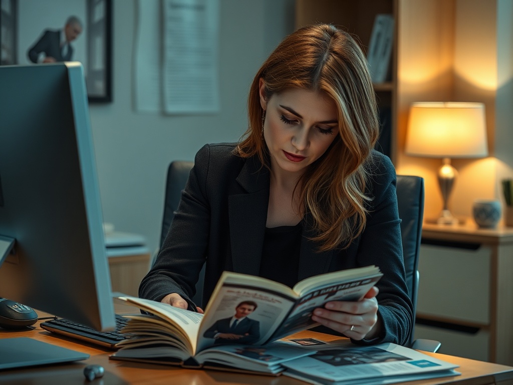 Женщина в деловом костюме читает журналы в офисе, за ней виден сотрудник и настольная лампа.
