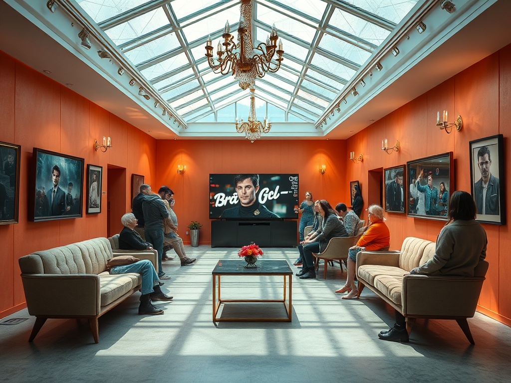 В комнате с оранжевыми стенами группа людей смотрит телевизор и обсуждает что-то, сидя на диванах.