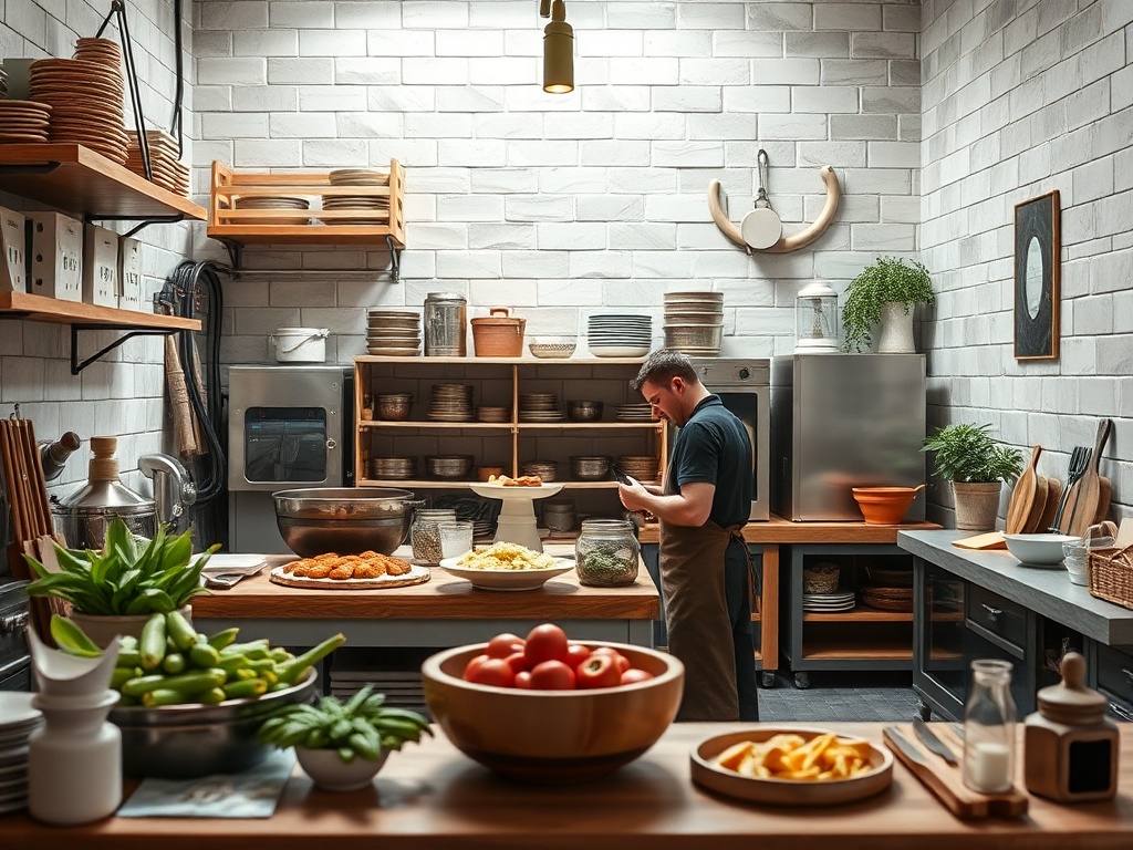 Кухня с деревянными полками, столами и поваром, который готовит, окружённый свежими ингредиентами.