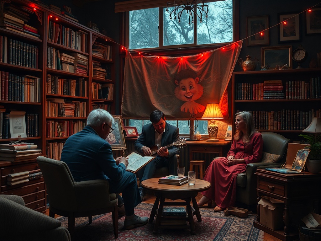 Светлая комната с книжными полками, три человека: один читает, двое играют на гитаре и беседуют. Тёплая атмосфера.