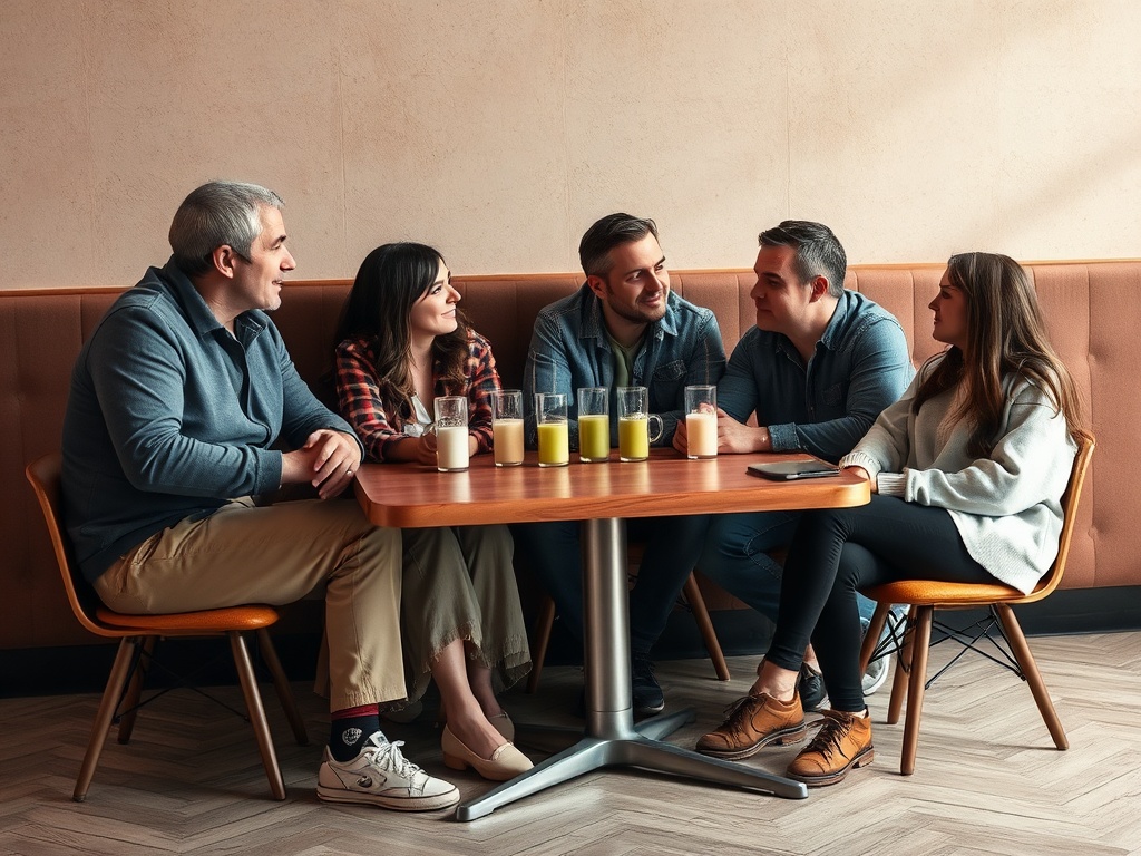 Группа друзей сидит за столом в кафе, обсуждая что-то за напитками. Лёгкая дружеская атмосфера.