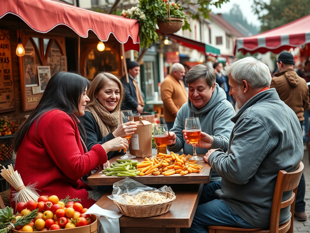 Четыре человека наслаждаются едой и напитками на улице, вокруг фруктовые и овощные прилавки.