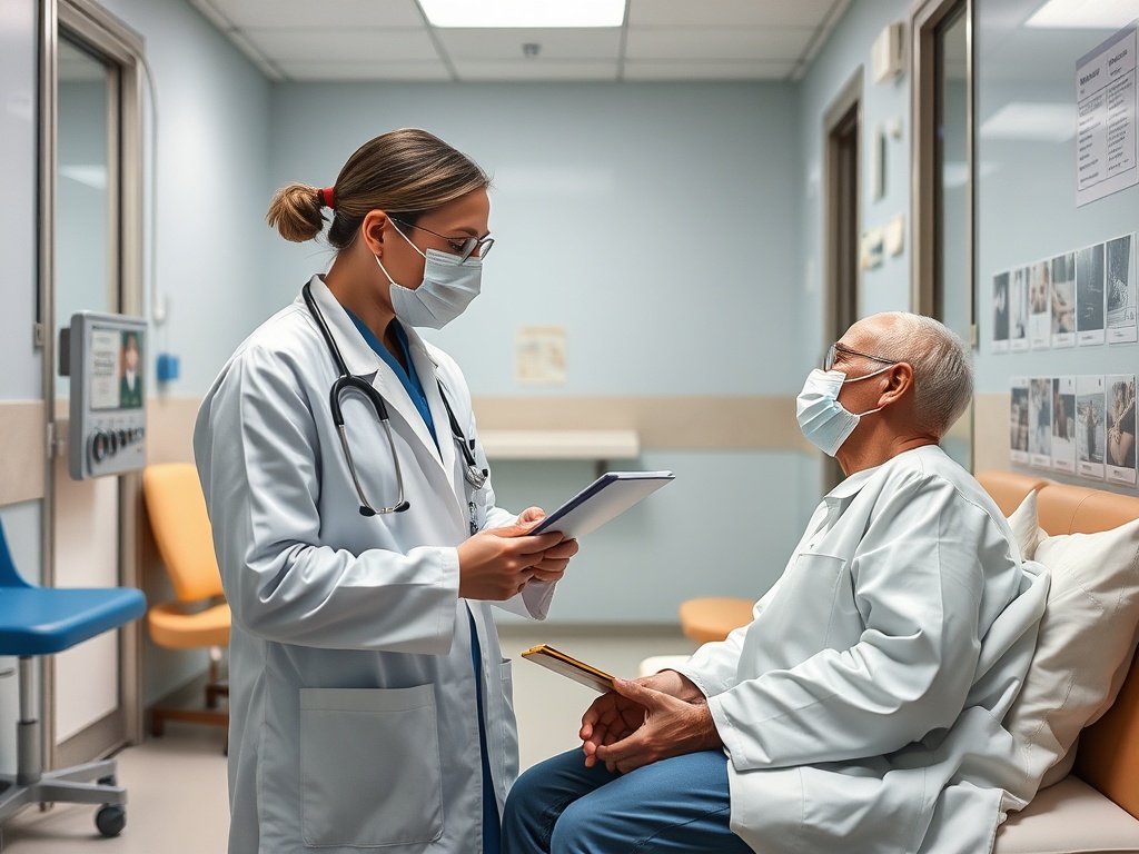 Врач в медицинской маске общается с пациентом в кабинете, держа папку с бумагами.