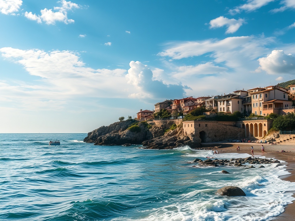 Берег с домами, волны моря и яхта на фоне синего неба с облаками. Уютный прибрежный пейзаж.