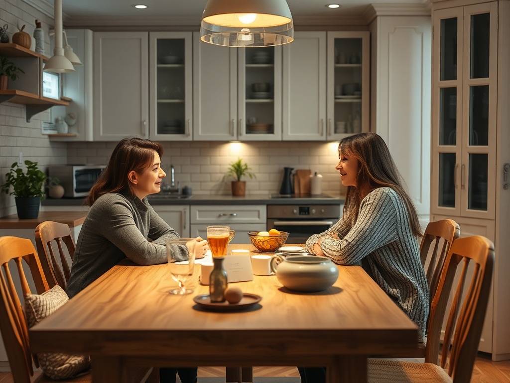 Две женщины беседуют за столом в светлой кухне, окружённой уютной атмосферой.
