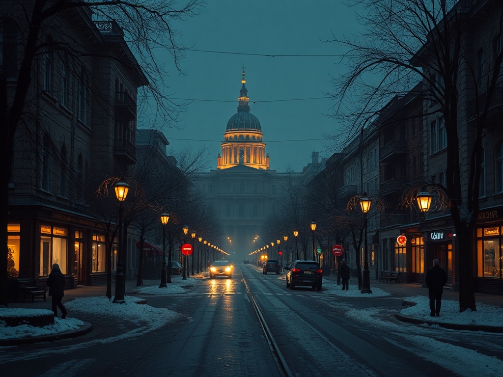 Зимний вечер в городе: мрачная улица с деревьями, фонарями и подсвеченным зданием на горизонте.