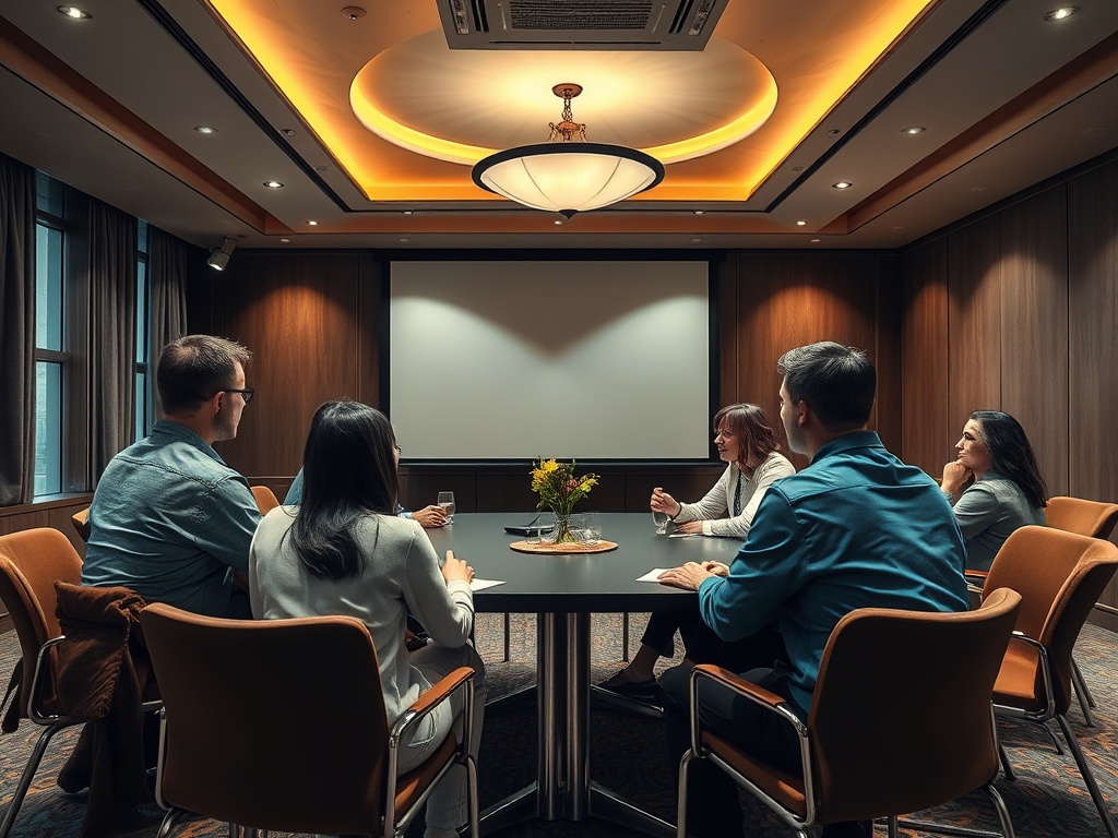 На собрании в современном офисе группа людей обсуждает идеи за круглым столом.