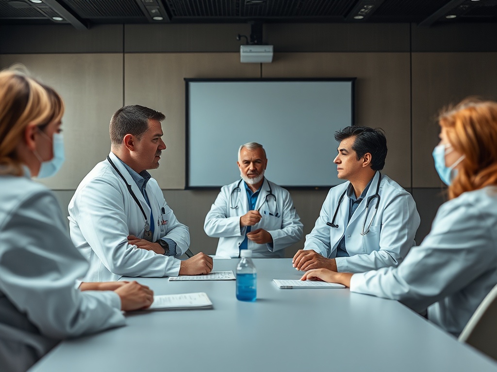 Группа врачей на совещании в медицинском центре. Обсуждают важные вопросы и стратегии лечения.