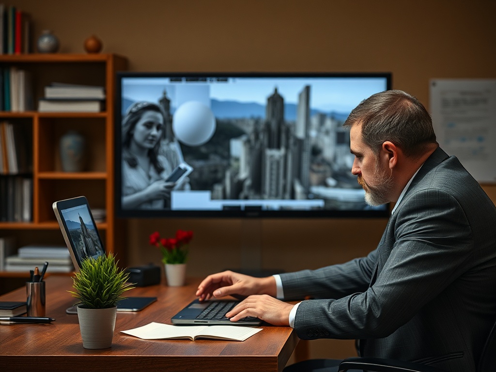 На изображении мужчина в деловом костюме работает за компьютером в офисе, на экране — городская сцена.