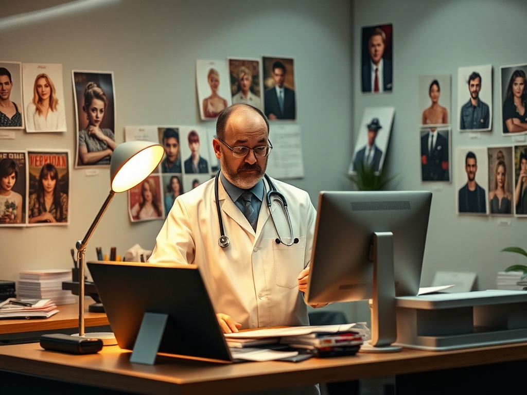 Врач в лаборатории анализирует данные на компьютере, вокруг размещены фотографии людей.