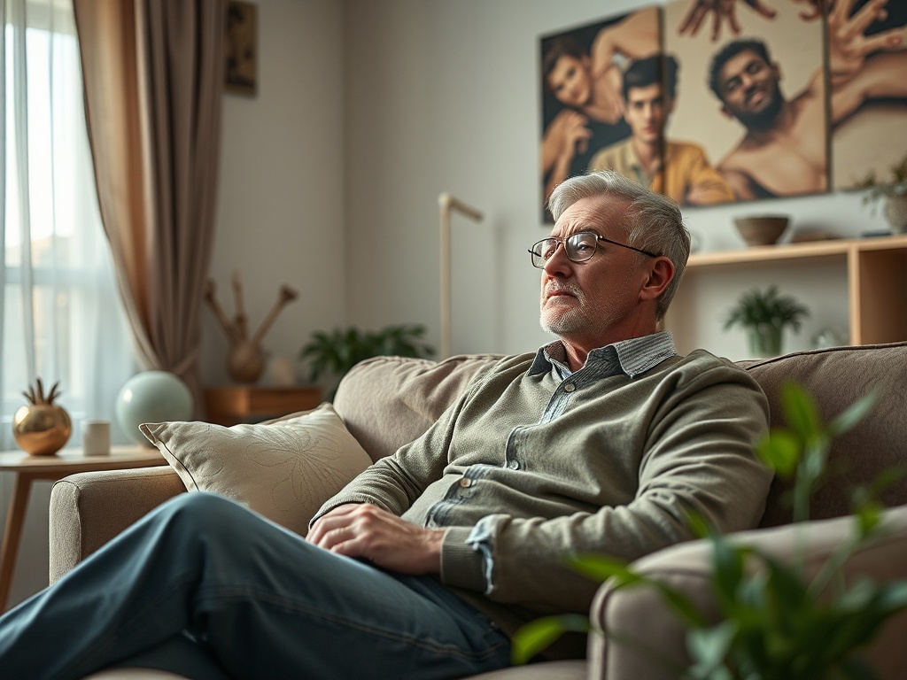 Пожилой мужчина в светлом свитере сидит на диване и смотрит вдаль, на фоне картин. В комнате уютная атмосфера.