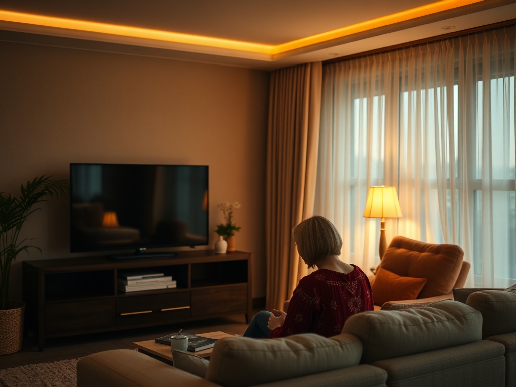 Уютная гостиная с диваном, телевизором и лампой, женщина сидит, погруженная в свои мысли.
