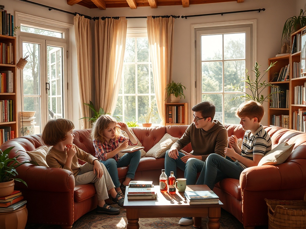 На диване сидят четверо детей, обсуждая книгу в уютной библиотеке с окнами и зелеными растениями.