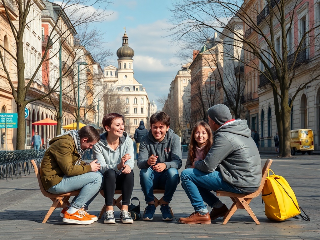 На улице группа друзей наслаждается общением и смеются, вокруг красивые здания и голубое небо.