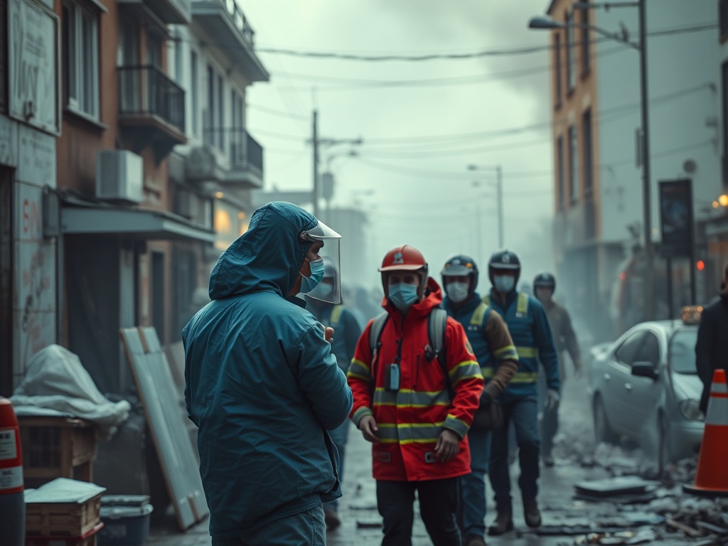 На улице дым, люди в защитной одежде, работают в условиях бедствия и разрушений.