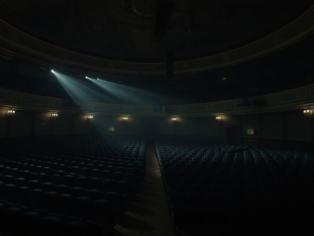 Тёмный театр с рядами кресел и мягким светом, проникающим через верхние люстры.