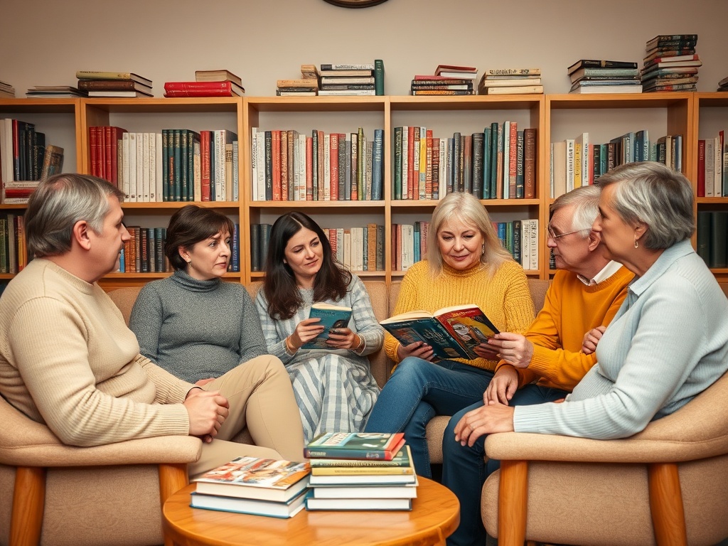 Шесть человек в библиотеке читают книги и обсуждают их, окруженные полками с литературой.