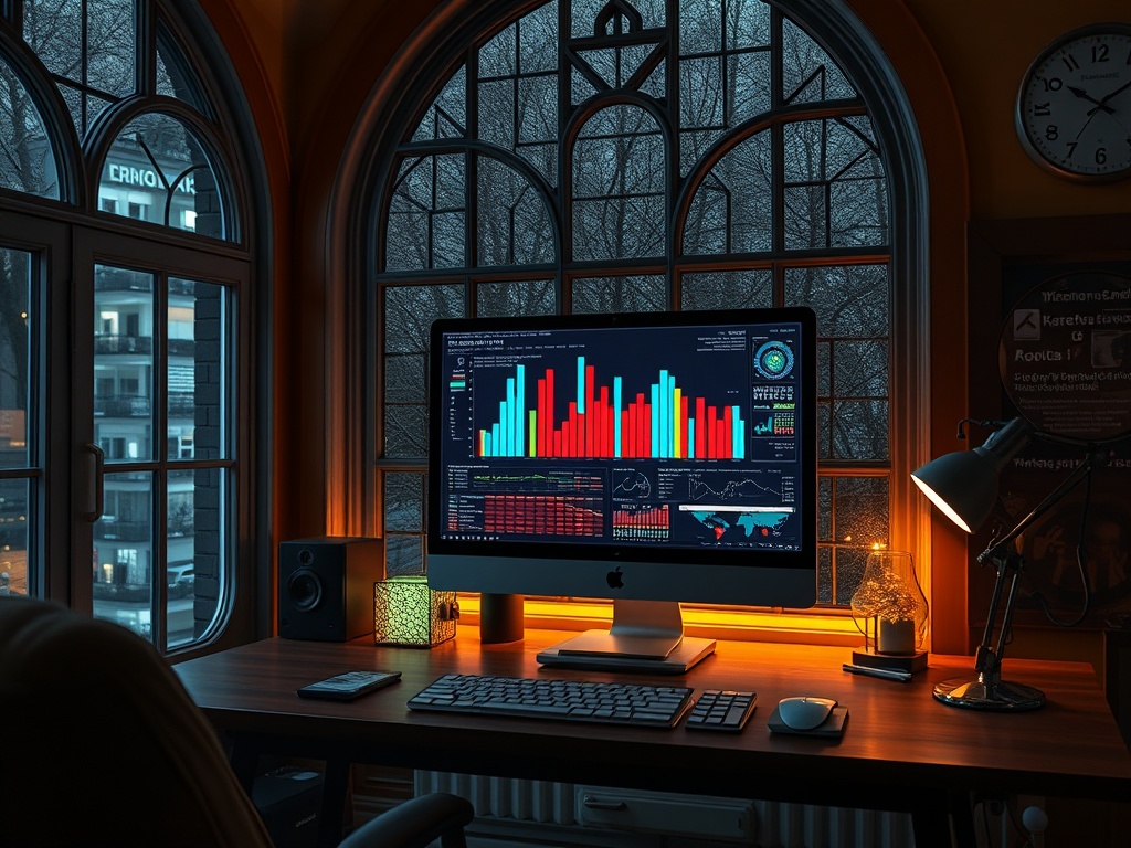 Компьютерный стол с графиками и диаграммами, светящимися окнами и уютной атмосферой в помещении.
