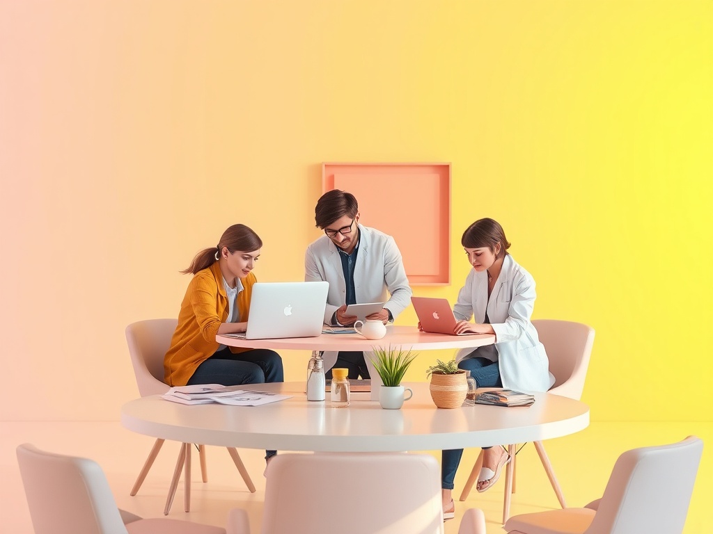 Трое людей работают за круглым столом, используя ноутбуки в ярком офисе с пастельными стенами.