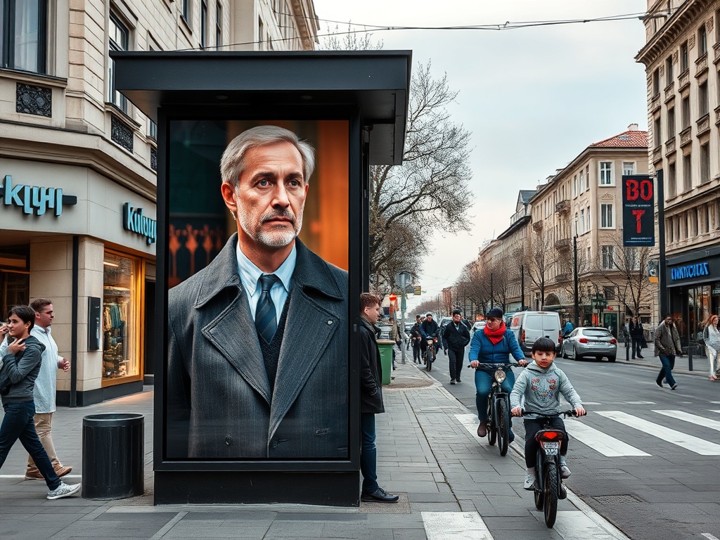 На улице стоит автобусная остановка с рекламным щитом, изображающим серьезного мужчину в строгом костюме.