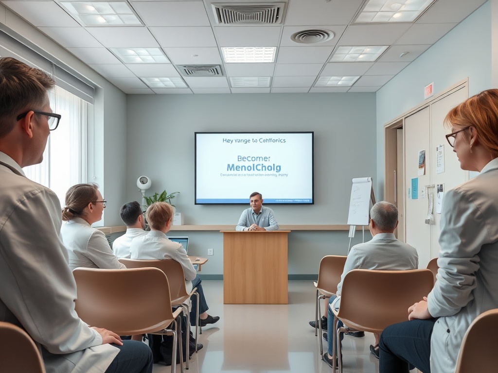 На семинаре врач обсуждает новый продукт с коллегами, презентация на экране.