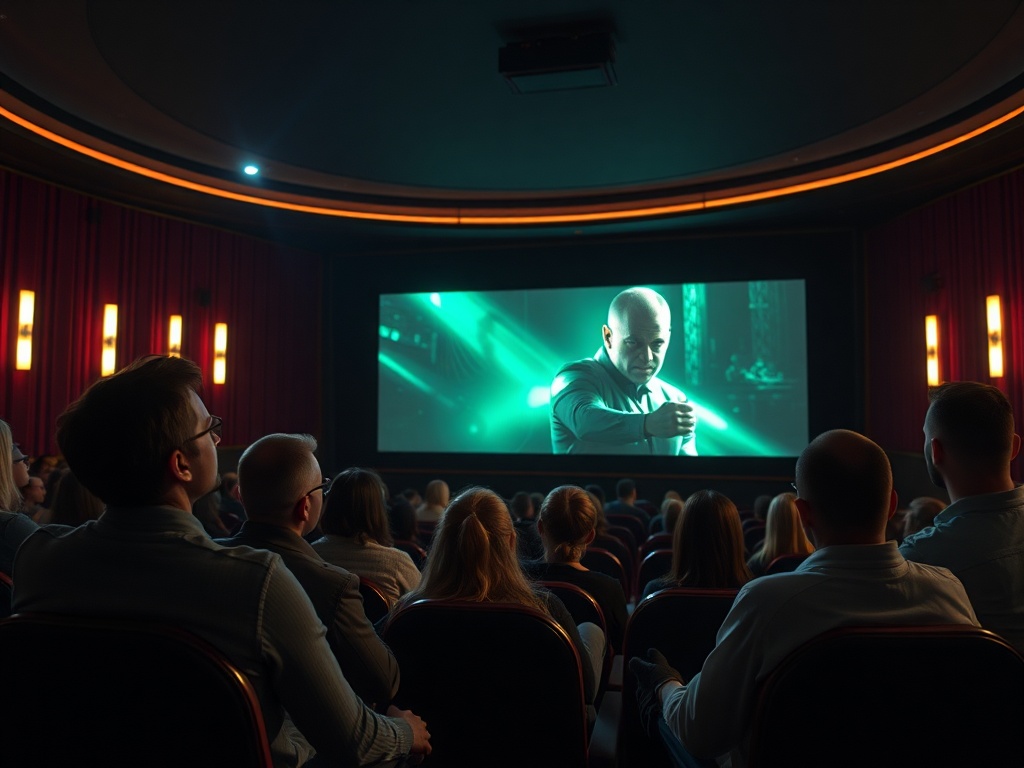 Зрители в кинотеатре смотрят фильм, на экране крупный план героя с выражением сосредоточенности.