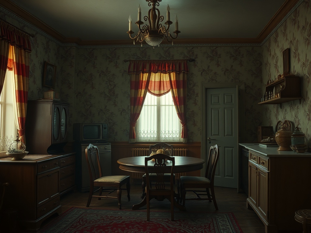 Уютная кухня в русском стиле с деревяной мебелью и яркими шторами, обставленная в винтажном духе.