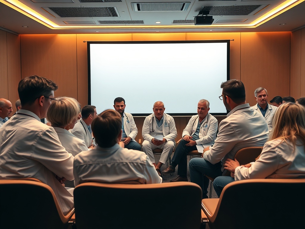 Группа медицинских работников обсуждает вопросы на встрече в конференц-зале с проектором.