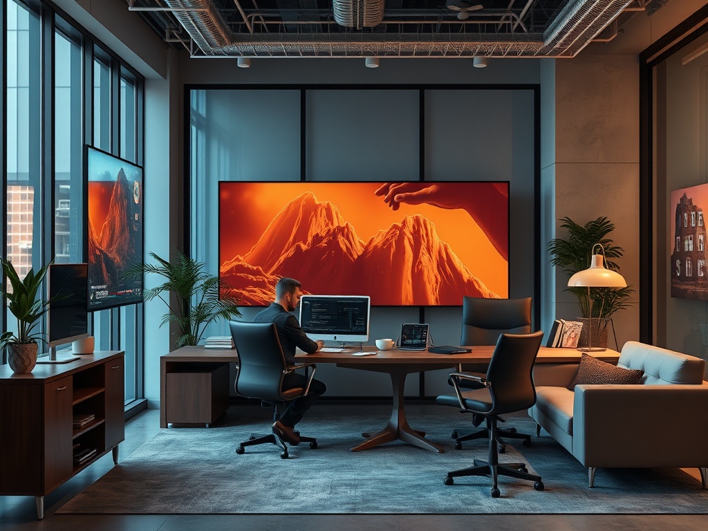 Современный офис с человеком за компьютером, ярким экраном и стильной мебелью в окружении зелени.