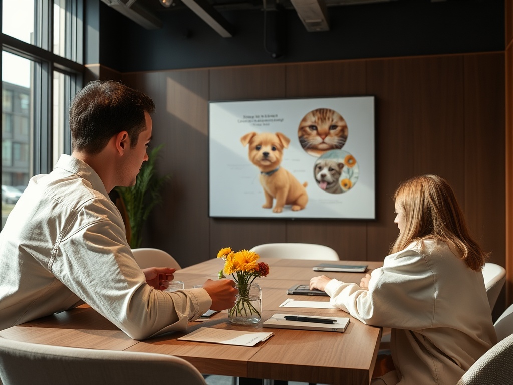 В офисе двое людей обсуждают презентацию, на которой изображены животные. На столе цветы.