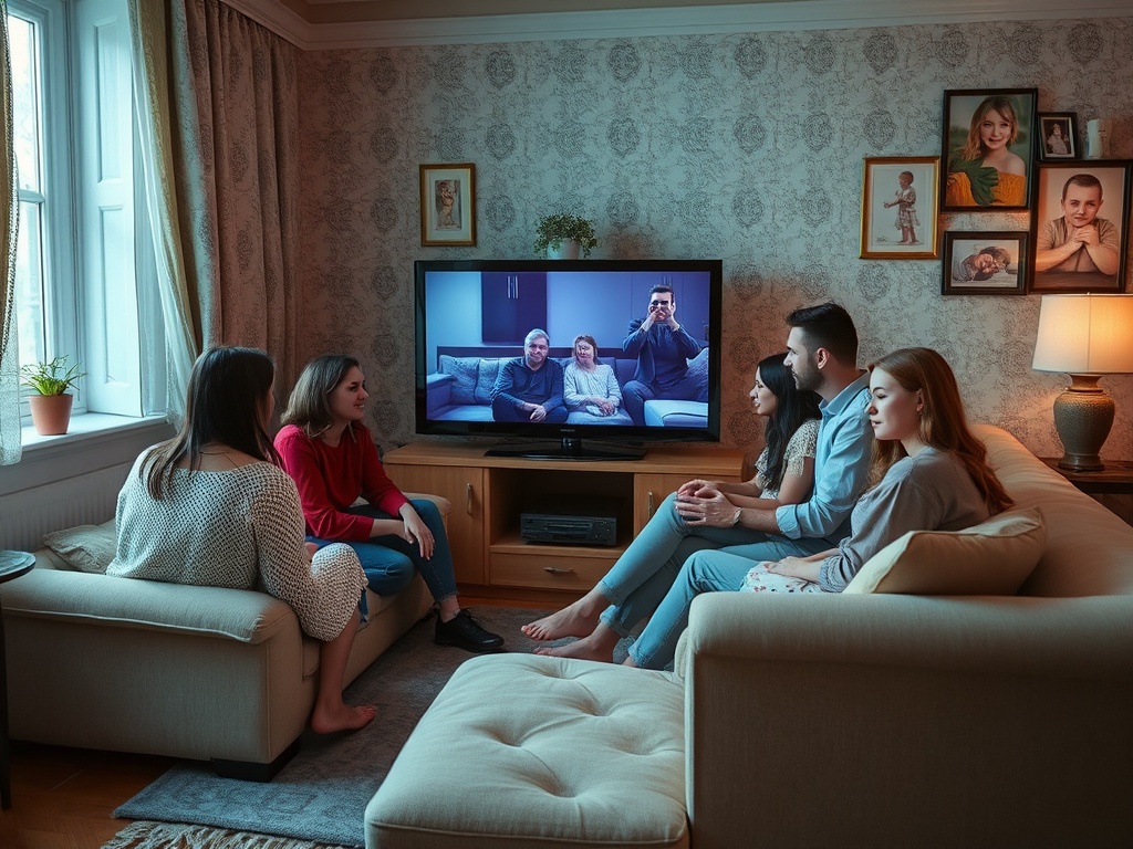 В уютной комнате группа друзей смотрит телевизор и активно обсуждает показанное.
