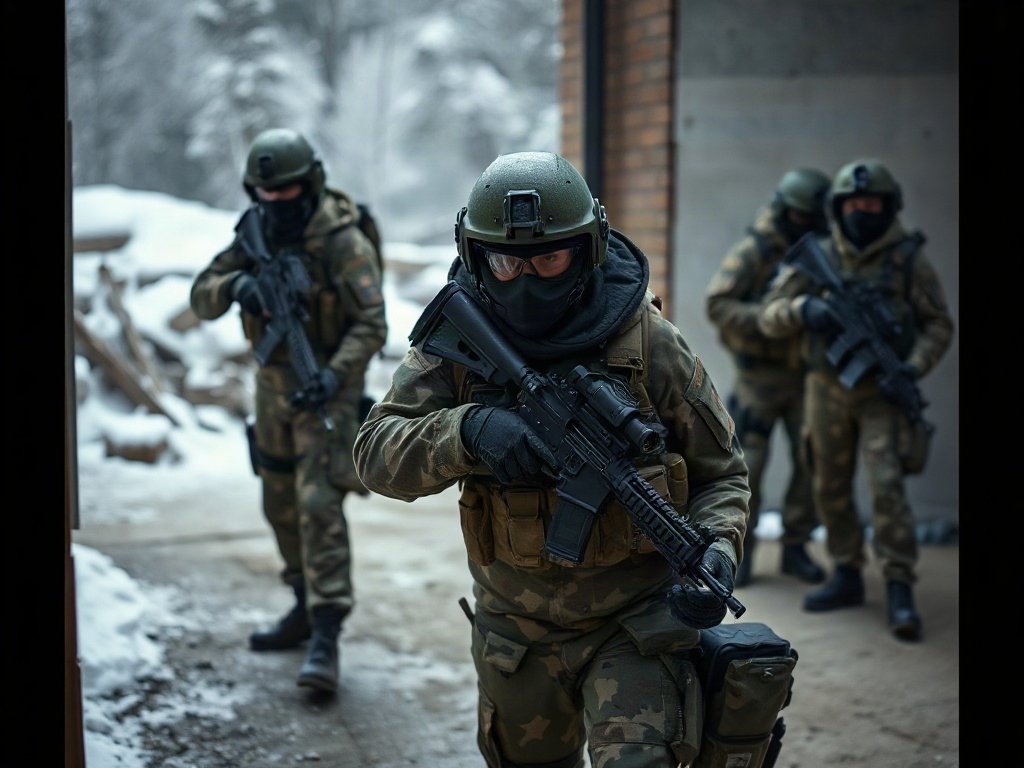 Четыре военнослужащих в зимней камуфляжной форме с оружием, движущихся в заснеженной местности.